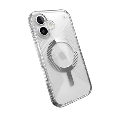 Tilted slight perspective view of back of phone case with phone inside#color_clear-chrome