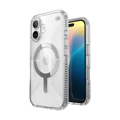 Three-quarter view of back of phone case with phone inside shown over top of front view of phone case with phone inside#color_clear-chrome