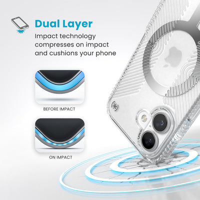 A corner of the case impacts the ground - a diagram shows interior cushion of phone before impact and on impact. Text reads Dual Layer: Impact technology compresses on impact and cushions your phone#color_clear-chrome