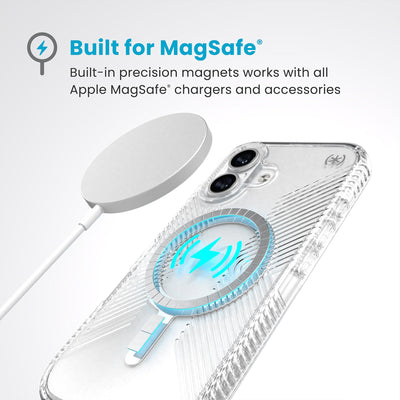 A MagSafe charger hovers over the back of the phone case. Text reads Built for MagSafe: Built-in precision magnets works with all Apple MagSafe chargers and accessories#color_clear-chrome