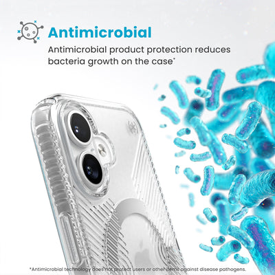 Bacteria is shown around phone case but not on it. Text reads Antimicrobial: Antimicrobial product protection reduces bacteria growth on the case (Antimicrobial technology does not protect users or other items against disease pathogens)#color_clear-chrome