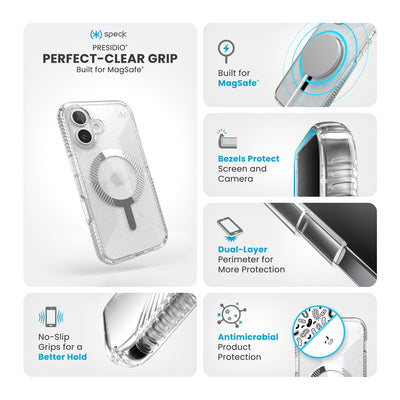 Various close-ups of case are shown. Text reads Speck Presidio Perfect-Clear Grip MagSafe: No-slip grips for a better hold, built for MagSafe, bezels protect screen and camera, dual-layer perimeter for more protection, antimicrobial product protection#color_clear-chrome