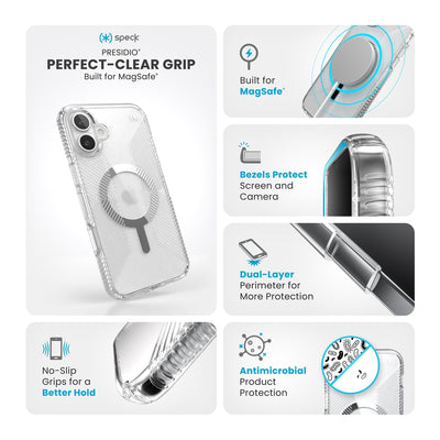 Various close-ups of case are shown. Text reads Speck Presidio Perfect-Clear Grip MagSafe: No-slip grips for a better hold, built for MagSafe, bezels protect screen and camera, dual-layer perimeter for more protection, antimicrobial product protection#color_clear-chrome