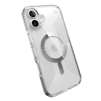 Tilted slight perspective view of back of phone case with phone inside#color_clear-chrome