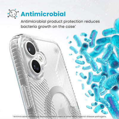 Bacteria is shown around phone case but not on it. Text reads Antimicrobial: Antimicrobial product protection reduces bacteria growth on the case (Antimicrobial technology does not protect users or other items against disease pathogens)#color_clear-chrome