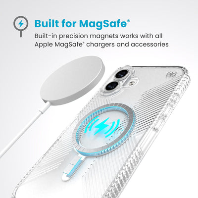 A MagSafe charger hovers over the back of the phone case. Text reads Built for MagSafe: Built-in precision magnets works with all Apple MagSafe chargers and accessories#color_clear-chrome