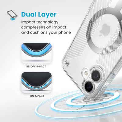 A corner of the case impacts the ground - a diagram shows interior cushion of phone before impact and on impact. Text reads Dual Layer: Impact technology compresses on impact and cushions your phone#color_clear-chrome