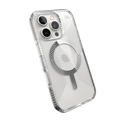 Tilted slight perspective view of back of phone case with phone inside#color_clear-chrome