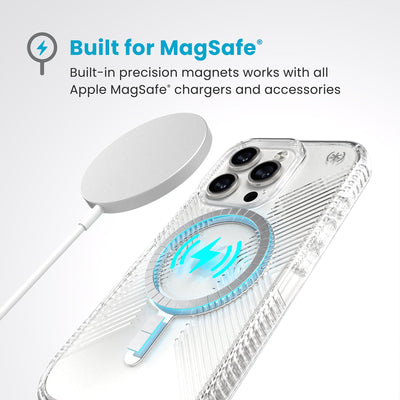 A MagSafe charger hovers over the back of the phone case. Text reads Built for MagSafe: Built-in precision magnets works with all Apple MagSafe chargers and accessories#color_clear-chrome