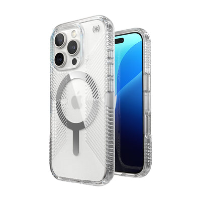 Three-quarter view of back of phone case with phone inside shown over top of front view of phone case with phone inside#color_clear-chrome