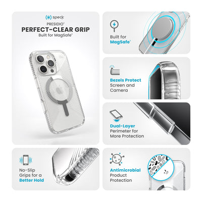 Various close-ups of case are shown. Text reads Speck Presidio Perfect-Clear Grip MagSafe: No-slip grips for a better hold, built for MagSafe, bezels protect screen and camera, dual-layer perimeter for more protection, antimicrobial product protection#color_clear-chrome