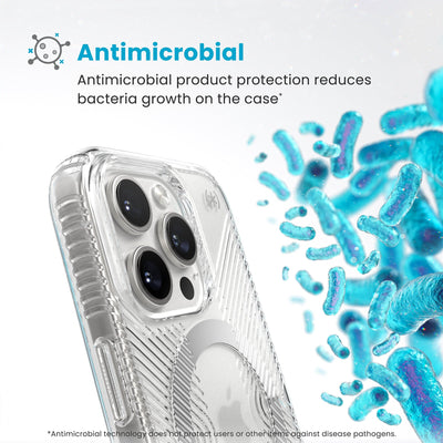 Bacteria is shown around phone case but not on it. Text reads Antimicrobial: Antimicrobial product protection reduces bacteria growth on the case (Antimicrobial technology does not protect users or other items against disease pathogens)#color_clear-chrome