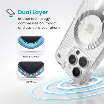 A corner of the case impacts the ground - a diagram shows interior cushion of phone before impact and on impact. Text reads Dual Layer: Impact technology compresses on impact and cushions your phone#color_clear-chrome