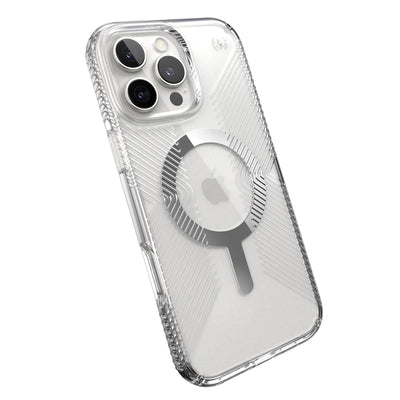 Tilted slight perspective view of back of phone case with phone inside#color_clear-chrome