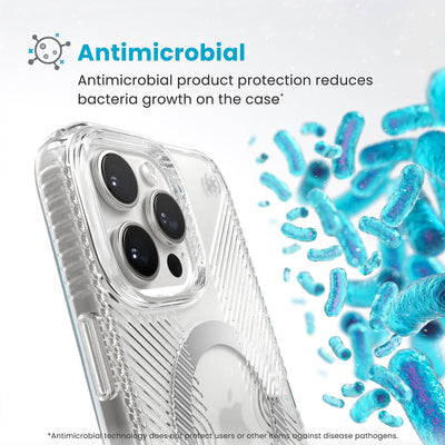 Bacteria is shown around phone case but not on it. Text reads Antimicrobial: Antimicrobial product protection reduces bacteria growth on the case (Antimicrobial technology does not protect users or other items against disease pathogens)#color_clear-chrome