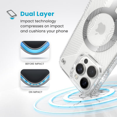 A corner of the case impacts the ground - a diagram shows interior cushion of phone before impact and on impact. Text reads Dual Layer: Impact technology compresses on impact and cushions your phone#color_clear-chrome