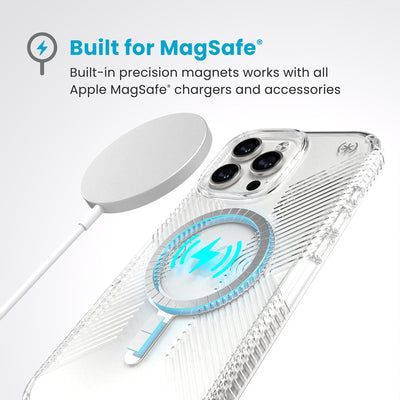 A MagSafe charger hovers over the back of the phone case. Text reads Built for MagSafe: Built-in precision magnets works with all Apple MagSafe chargers and accessories#color_clear-chrome