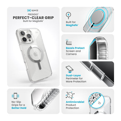 Various close-ups of case are shown. Text reads Speck Presidio Perfect-Clear Grip MagSafe: No-slip grips for a better hold, built for MagSafe, bezels protect screen and camera, dual-layer perimeter for more protection, antimicrobial product protection#color_clear-chrome