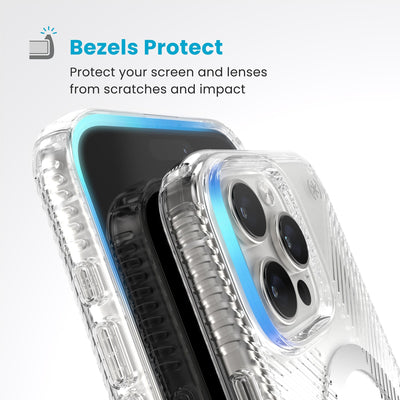 Raised bezels around phone screen and camera are highlighted. Text reads Bezels Protect: Protect your screen and lenses from scratches and impact#color_clear-chrome