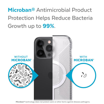 Back view, half without case, other with case, less germs on case - Microban antimicrobial product protection helps reduce bacteria growth up to 99%.#color_clear