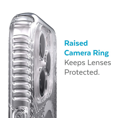 Slightly tilted view of side of phone case showing phone cameras - Raised camera ring keeps lenses protected.#color_clear