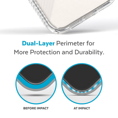 View of corner of phone case impacting ground with illustrations showing before and after impact - Dual layer perimeter for more protection and durability.#color_clear-silver