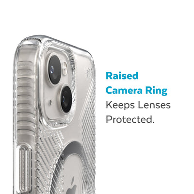 Slightly tilted view of side of phone case showing phone cameras - Raised camera ring keeps lenses protected.#color_clear-silver