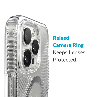 Slightly tilted view of side of phone case showing phone cameras - Raised camera ring keeps lenses protected.#color_clear-silver