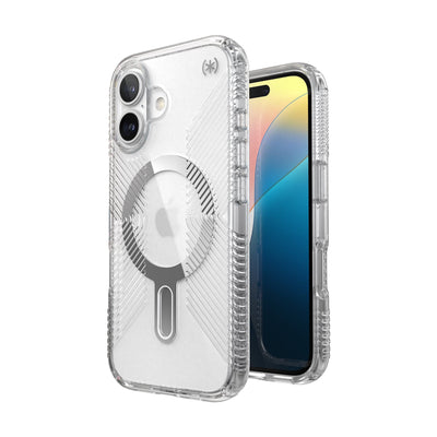 Three-quarter view of back of phone case with phone inside shown over top of front view of phone case with phone inside#color_clear-chrome