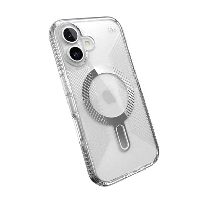 Tilted slight perspective view of back of phone case with phone inside#color_clear-chrome