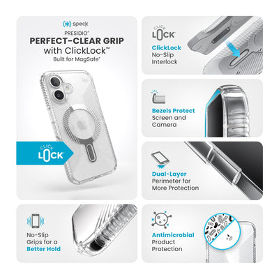 Various close-ups of case are shown. Text reads Speck Presidio Perfect-Clear Grip MagSafe with ClickLock: Built for MagSafe, no-slip grips for a better hold, ClickLock no-slip interlock, bezels protect screen and camera, dual-layer perimeter for more protection, antimicrobial product protection#color_clear-chrome