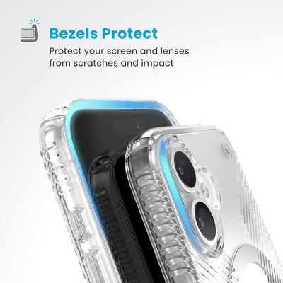 Raised bezels around phone screen and camera are highlighted. Text reads Bezels Protect: Protect your screen and lenses from scratches and impact#color_clear-chrome