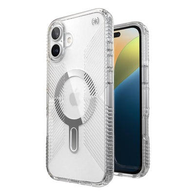 Three-quarter view of back of phone case with phone inside shown over top of front view of phone case with phone inside#color_clear-chrome