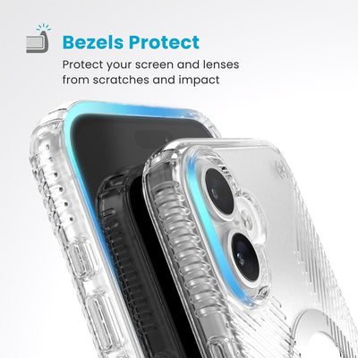 Raised bezels around phone screen and camera are highlighted. Text reads Bezels Protect: Protect your screen and lenses from scratches and impact#color_clear-chrome