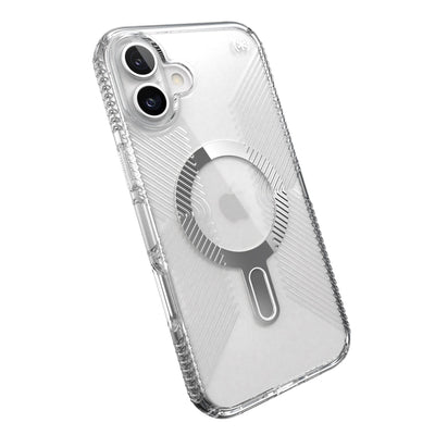 Tilted slight perspective view of back of phone case with phone inside#color_clear-chrome