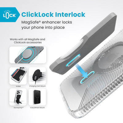 A ClickLock Wallet accessory hovers over the back of the phone case with interlock bolt extended and arrow pointing to bolt receptacle in case. Text reads ClickLock interlock: MagSafe enhancer locks your phone into place. Works with all MagSafe and ClickLock accessories#color_clear-chrome