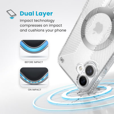 A corner of the case impacts the ground - a diagram shows interior cushion of phone before impact and on impact. Text reads Dual Layer: Impact technology compresses on impact and cushions your phone#color_clear-chrome