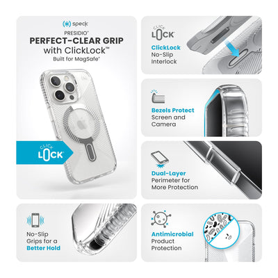 Various close-ups of case are shown. Text reads Speck Presidio Perfect-Clear Grip MagSafe with ClickLock: Built for MagSafe, no-slip grips for a better hold, ClickLock no-slip interlock, bezels protect screen and camera, dual-layer perimeter for more protection, antimicrobial product protection#color_clear-chrome