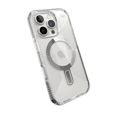 Tilted slight perspective view of back of phone case with phone inside#color_clear-chrome