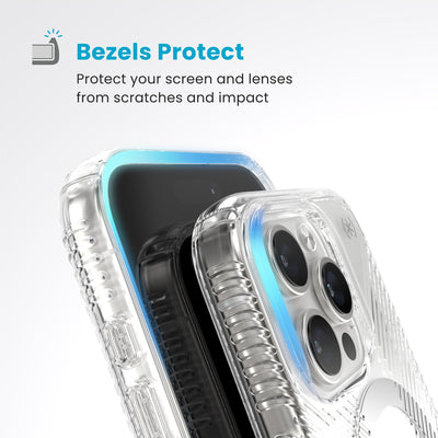 Raised bezels around phone screen and camera are highlighted. Text reads Bezels Protect: Protect your screen and lenses from scratches and impact#color_clear-chrome