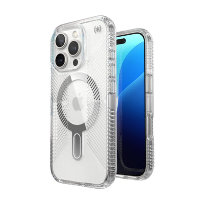 Three-quarter view of back of phone case with phone inside shown over top of front view of phone case with phone inside#color_clear-chrome