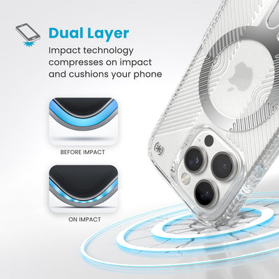 A corner of the case impacts the ground - a diagram shows interior cushion of phone before impact and on impact. Text reads Dual Layer: Impact technology compresses on impact and cushions your phone#color_clear-chrome