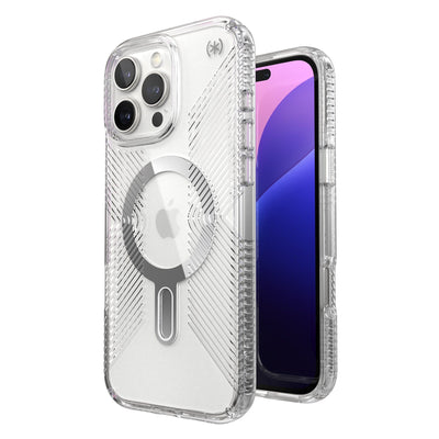 Three-quarter view of back of phone case with phone inside shown over top of front view of phone case with phone inside#color_clear-chrome