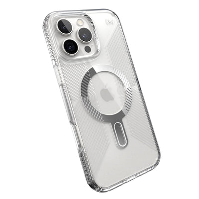 Tilted slight perspective view of back of phone case with phone inside#color_clear-chrome