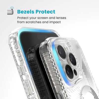 Raised bezels around phone screen and camera are highlighted. Text reads Bezels Protect: Protect your screen and lenses from scratches and impact#color_clear-chrome