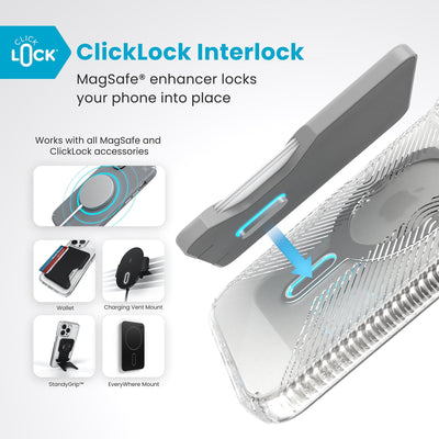 A ClickLock Wallet accessory hovers over the back of the phone case with interlock bolt extended and arrow pointing to bolt receptacle in case. Text reads ClickLock interlock: MagSafe enhancer locks your phone into place. Works with all MagSafe and ClickLock accessories#color_clear