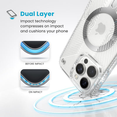 A corner of the case impacts the ground - a diagram shows interior cushion of phone before impact and on impact. Text reads Dual Layer: Impact technology compresses on impact and cushions your phone#color_clear-chrome