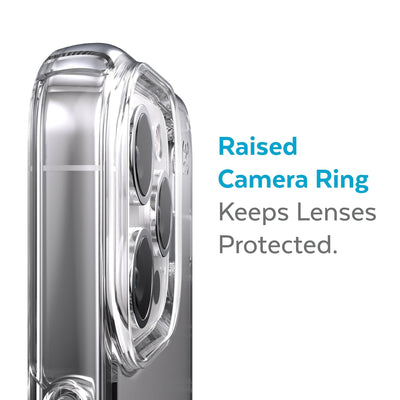 Slightly tilted view of side of phone case showing phone cameras - Raised camera ring keeps lenses protected.#color_clear