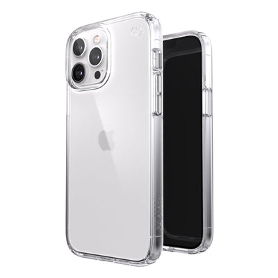 Three-quarter view of back of phone case simultaneously shown with three-quarter front view of phone case#color_clear