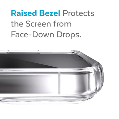 View of top of phone case laying on its back - Raised bezel protects the screen from face-down drops.#color_clear